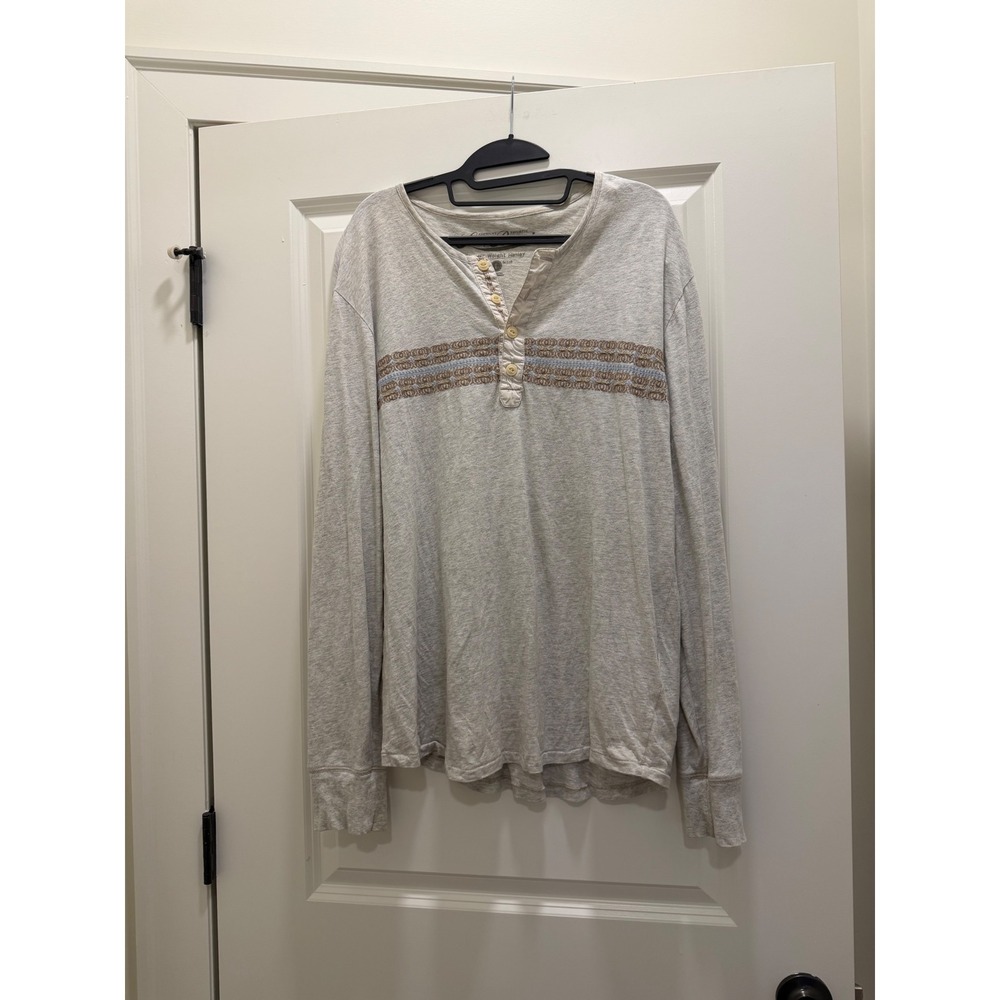 Lucky Brand Summer Weight Henley Long Sleeve Gray Embroidered Top Large